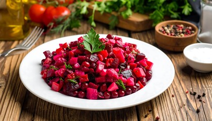 A vibrant plate of colorful vinaigrette salad with diced beets, cranberries, and other vegetables.