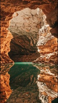 Lago subterr&aacute;neo, agua clara que refleja las paredes de la cueva, luz natural suave