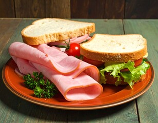 Two ham and cheese sandwiches sit on a rustic wooden table, displayed on an orange plate, showcasing the sliced ham and fresh ingredients.