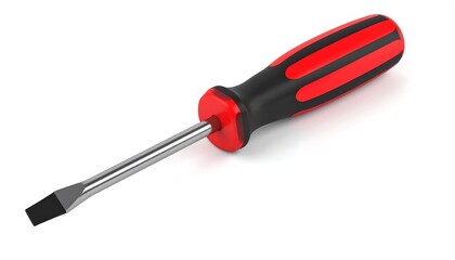 A simple flathead screwdriver, with a red and black handle, is presented against a plain white background.
