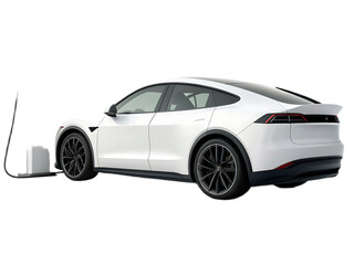 Fototapeta premium A white tesla model x is charging at a charging station with a black background in a studio setting