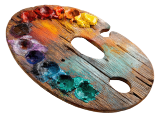 Oval wooden artist's palette, weathered and stained with vibrant paint