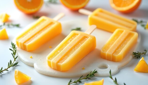 Orange popsicles with wood sticks sit on white board. Fresh citrus fruit slices and green herbs decorate frozen dessert. Sweet juicy summer treat cools on hot day. Healthy snack for kids and adults. - Powered by Adobe