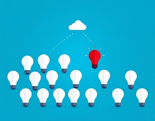 A graphic design illustrating the concept of originality and innovation, where a single, distinctive red lightbulb stands out from a group of standard white lightbulbs, connected by a cloud to...