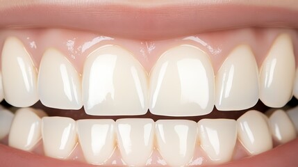 Close up of a person's teeth with a white filling. The teeth are clean and white, and the filling is barely visible. Concept of cleanliness and good dental hygiene
