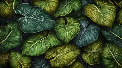 Close up of green leaves with a yellowish tint. The leaves are arranged in a way that creates a sense of depth and movement