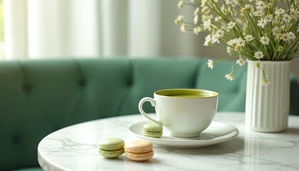 Fototapeta premium Aesthetic photo features matcha tea in white cup and macarons on table. Stylish cafe interior with flowers in vase creates cozy atmosphere. Tea time with tasty dessert at restaurant for relaxation.