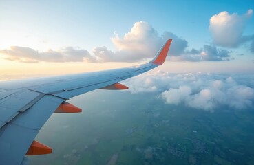 Fototapeta premium Commercial airplane wing from passenger window above green fields, small villages, water. Golden sunlight illuminates fluffy white clouds against vast blue sky. High altitude aerial view shows