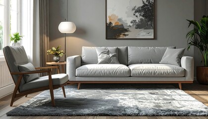 A stylish, modern living room setting with a gray sofa and armchairs, illuminated by natural light and decorated with a patterned rug.