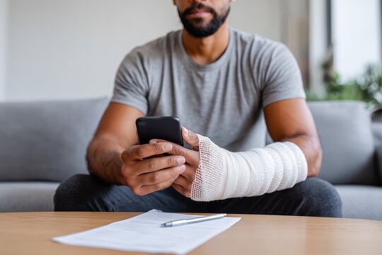 A man with a bandaged arm suffering from an injury is using a phone. Trauma accident or personal injury claim concept for insurance and healthcare. - Powered by Adobe
