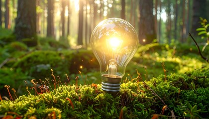 A luminous lightbulb sits amidst lush greenery, bathed in warm sunlight filtering through a forest.