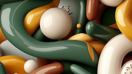 Colorful abstract painting of various shapes and sizes, including a large green blob and a white ball
