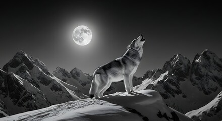 Gray wolf howling moonlit snowy mountains moonlight night