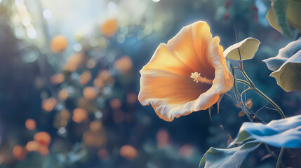 Bright orange hibiscus flower blooming in a lush garden during early morning light, surrounded by vibrant green leaves and softly blurred background flora