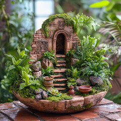 Small garden with clay structure and lush greenery representing a serene outdoor space for relaxation in a warm environment