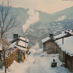 Snow-covered village pathway in winter, with smoke rising from rooftops and a solitary cat resting along the road, capturing a serene rural atmosphere at dawn