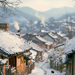 Snow covers a quiet mountain village in winter, with smoke rising from chimneys and a tranquil path winding through traditional homes nestled among the trees