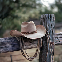 Cowboy hat resting on a rustic wooden fence with rope nearby in a serene countryside setting during late afternoon