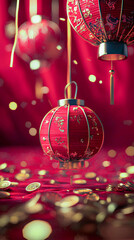 Decorative red lanterns hang above a vibrant table covered in gold coins, signifying celebration and prosperity during a cultural festival