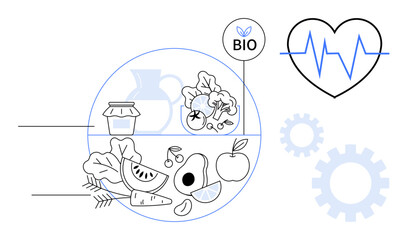 Organic food thumbs up fruits, vegetables, and grains, bio label, heartbeat line, and gear icons symbolizing health, wellness, and sustainable habits. Ideal for fitness nutrition eco-living