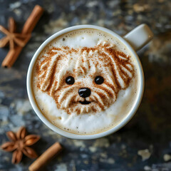 Cute dog latte art topped with cinnamon and surrounded by spices on a textured surface in a cozy cafe setting