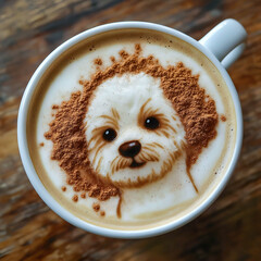 Unique latte art showcases a fluffy dog design on a creamy coffee in a cozy cafe setting