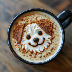 Delightful latte art featuring a smiling puppy design in a black mug served on a rustic wooden table, perfect for dog lovers and coffee enthusiasts alike