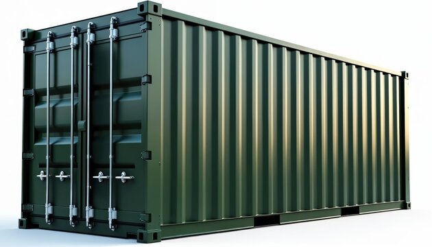 Dark green industrial shipping container stands ready for rugged cargo. Heavy duty steel box provides secure transport storage solutions globally. Military grade fortified freight crate ensures