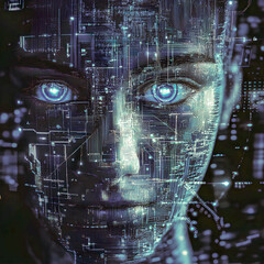 Exploring the fusion of technology and humanity through a close-up of a futuristic face illuminated by digital circuits and bright, glowing eyes representing artificial intelligence