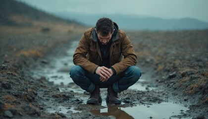 Man squats in muddy desolate landscape with puddle reflections. Appears lost, despairing, facing hardship, contemplating difficult situation. Posture conveys deep thought, struggle in bleak