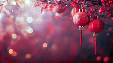 Red lanterns hanging from branches adorned with pink flowers create a festive atmosphere during a spring celebration in an outdoor area illuminated by soft lights
