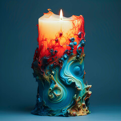 Colorful decorative candle illuminated with a warm flame in a dark setting, showcasing intricate designs and a blend of vibrant colors
