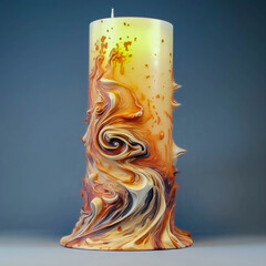 Unique decorative candle with intricate swirls and vibrant colors, glowing softly against a neutral background, showcases craftsmanship and artistic design