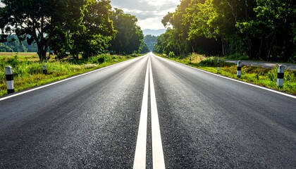 A long, paved road stretches into a lush green forest, bathed in the warm light of a sunlit morning.