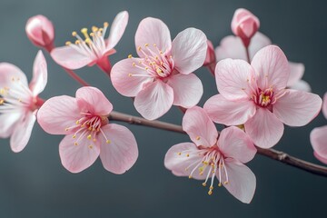 Delicate pink cherry blossoms on a branch, isolated against a transparent background
