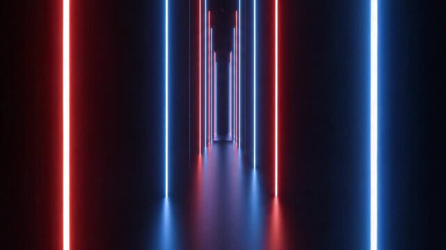 Abstract view of parallel neon lights creating a tunnel effect with red and blue colors on a dark background.