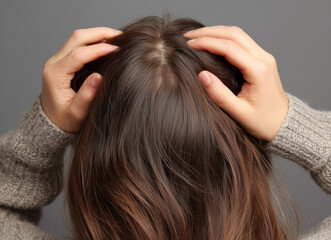 Fototapeta premium Woman with long hair holding her scalp and experiencing discomfort in a neutral setting during daylight Generative AI