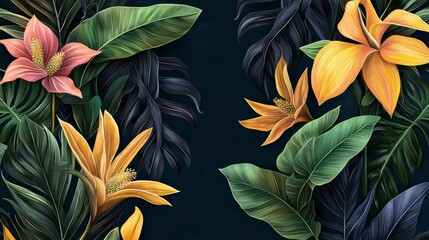 Colorful flower garden with a dark background. The flowers are yellow and pink. The flowers are in a tropical setting