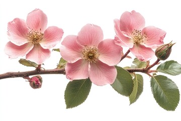 Delicate pink rose blossoms on a stem, isolated against a clear background