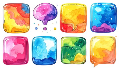 Nine colorful, watercolor speech bubbles with vibrant hues and textured backgrounds.