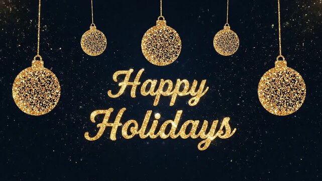 Elegant gold "Happy Holidays" greeting with sparkling ornaments.