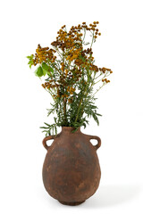 Handmade ceramic vase with a bouquet isolated on white background.