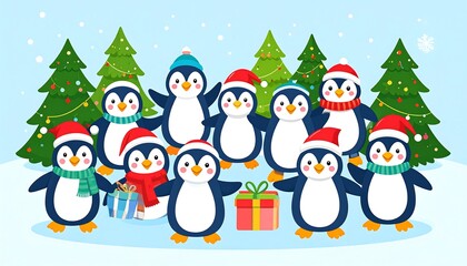 A group of cheerful penguins in festive attire stand amongst decorated Christmas trees, holding presents, showcasing a joyful winter scene.