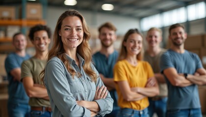 Smiling diverse team stands together in large warehouse. Happy female leader with crossed arms looks at camera. Confident young people work as volunteers for social organization, charity, donation