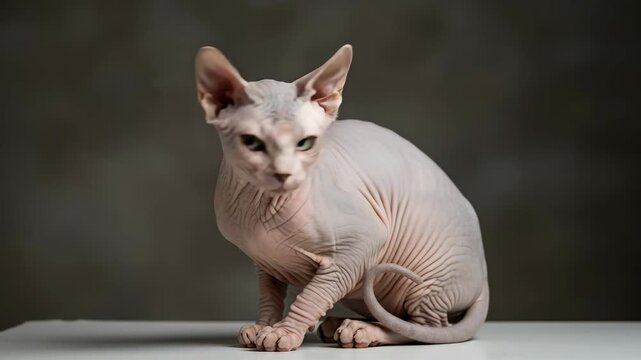 Portrait of a Hairless Sphynx Cat Sitting on White Surface with a Neutral Grey Background in a Studio Setting With Soft Lighting