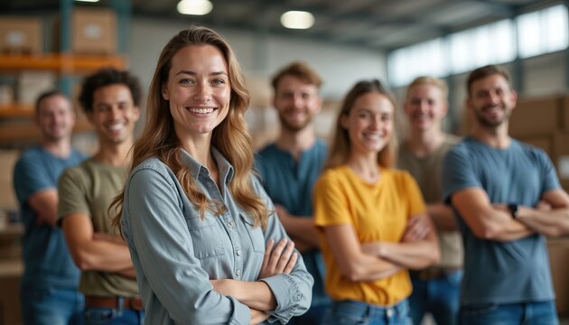 Smiling diverse team stands together in large warehouse. Happy female leader with crossed arms looks at camera. Confident young people work as volunteers for social organization, charity, donation