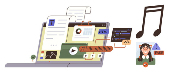 Laptop displaying text, charts, HTML, code, audio, and deepfake warning next to music icons. Ideal for digital content, programming, web development multimedia AI ethics tech education simple