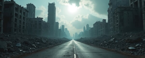 Gloomy cityscape shows road through abandoned destroyed city after war. Overcast weather above ruined buildings in apocalypse. Image of disaster, devastation, destruction, emptiness and desertion.