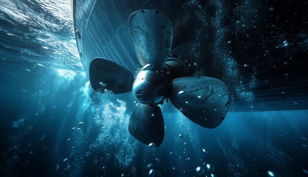 Propeller and rudder of big ship underway view from underwater