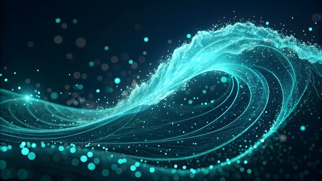 Abstract Flowing Particle Wave with Glowing Turquoise Lights on Dark Futuristic Background